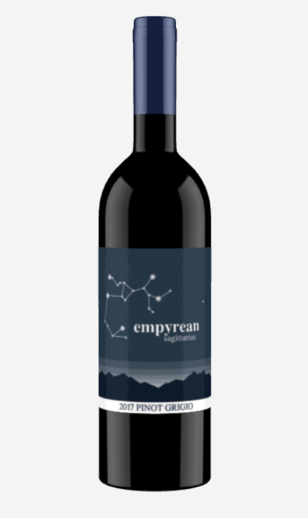 Render of our label design on a red wine bottle with a matching navy foil cap.